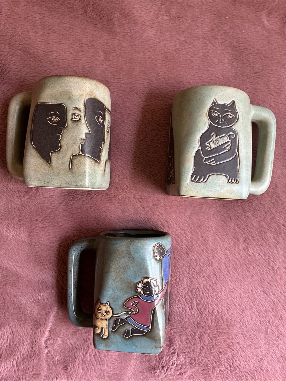 Mara Stoneware Mugs Lot of 3 Cat Faces Dog Folk Art Pottery 4.5” Large